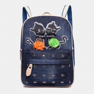Kvinder Canvas Cute Kat Med Tryk Patchwork Casual Rygsæk Skoletaske