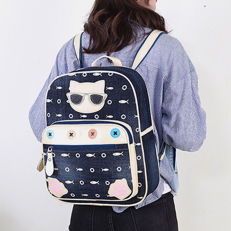 Kvinder Canvas Cute Kat Med Tryk Patchwork Casual Rygsæk Skoletaske