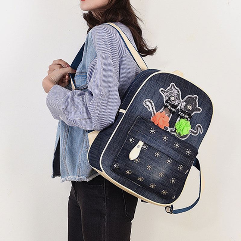Kvinder Canvas Cute Kat Med Tryk Patchwork Casual Rygsæk Skoletaske