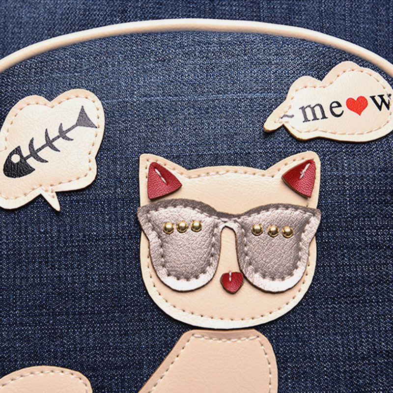 Kvinder Canvas Cute Kat Med Tryk Patchwork Casual Rygsæk Skoletaske
