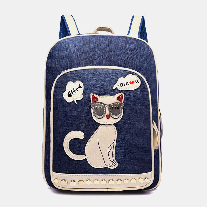 Kvinder Canvas Cute Kat Med Tryk Patchwork Casual Rygsæk Skoletaske