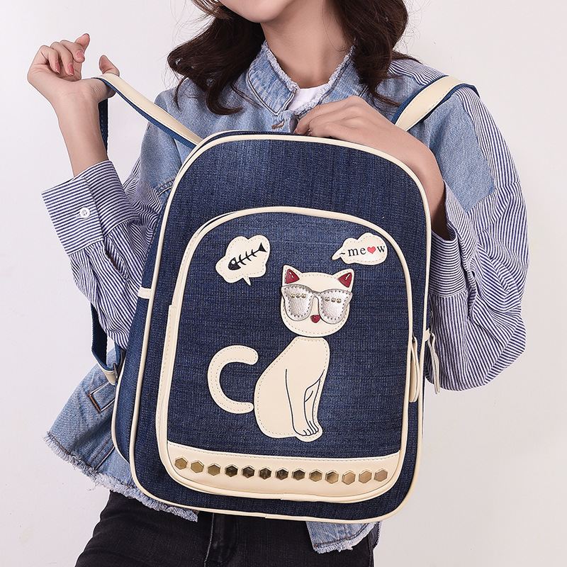 Kvinder Canvas Cute Kat Med Tryk Patchwork Casual Rygsæk Skoletaske
