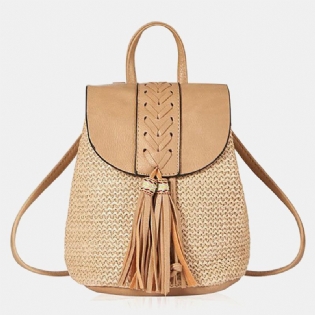 Kvinder Tassel Straw Bag Retro Beach Bag Rygsæk Bucket Bag