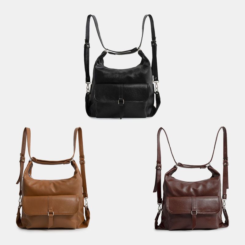 Kvinder Vintage Pu Læder Multifunktion Stor Kapacitet Rygsæk Casual Multi-carry Crossbody Taske
