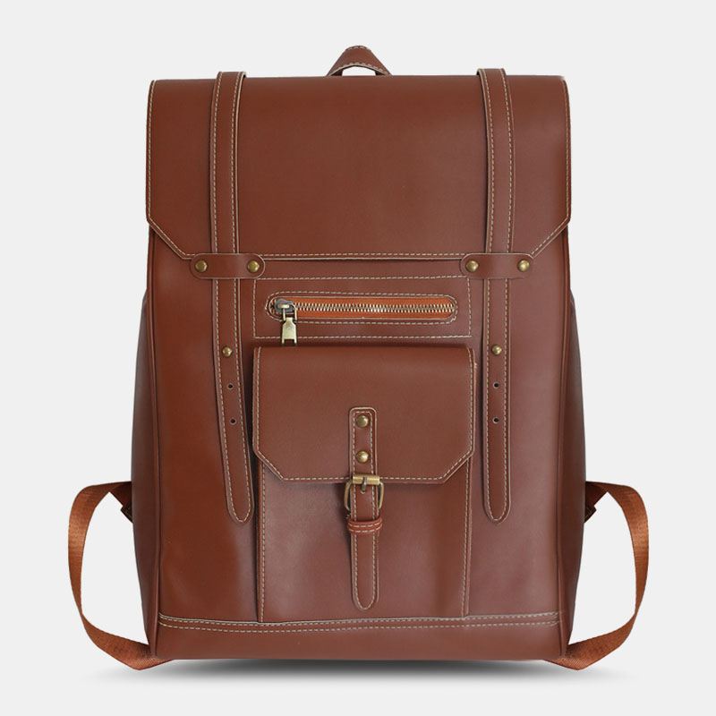 Mænd Retro Pu Blødt Læder Rygsæk Med Stor Kapacitet Vandtæt Åndbar Frontlommedesign Skuldertaske