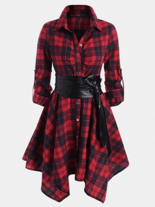 Klassisk Plaid Asymmetrisk Skjortekjole Til Kvinder Med Bælte