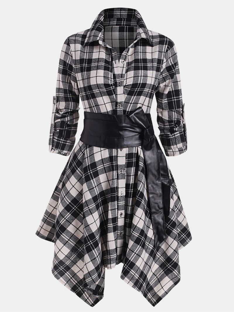 Klassisk Plaid Asymmetrisk Skjortekjole Til Kvinder Med Bælte