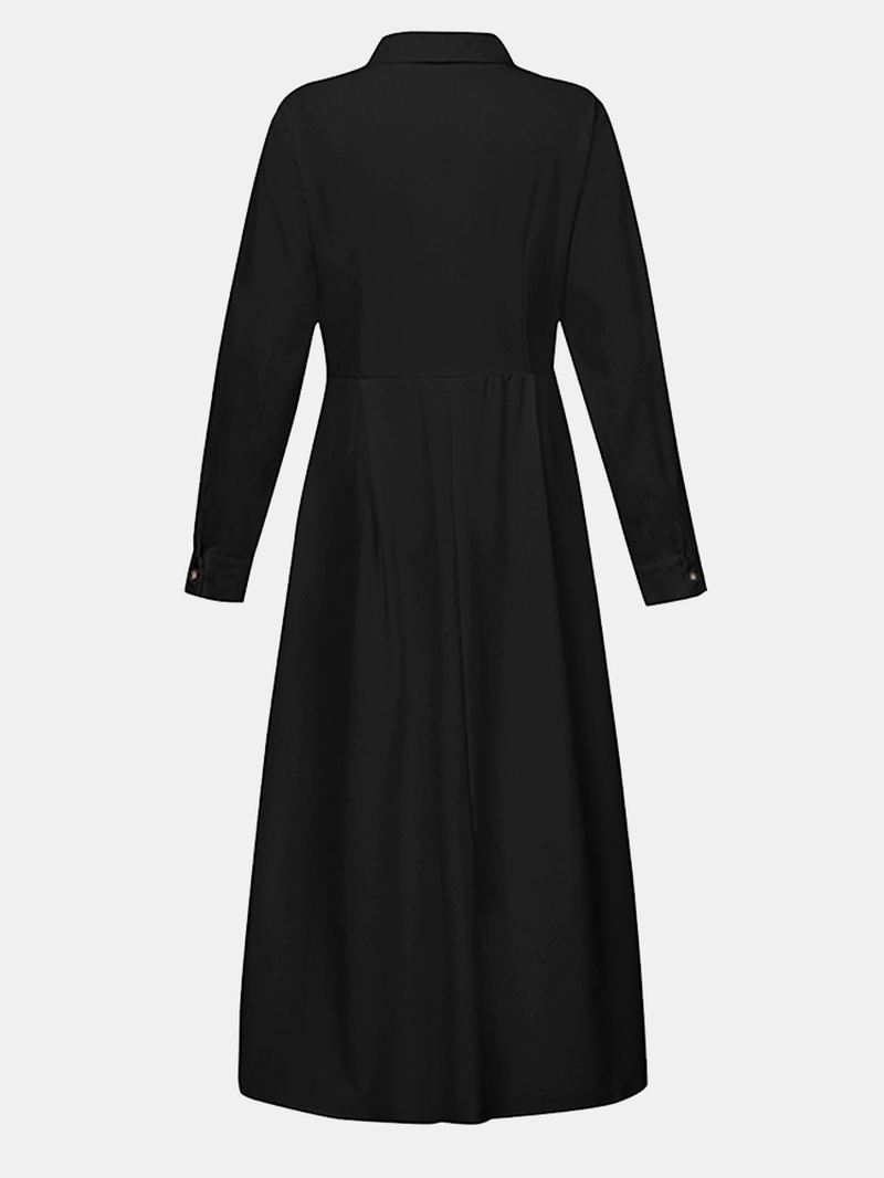 Kvinder Basic Button Down Front Revers Ensfarvet Langærmet Skjortekjole