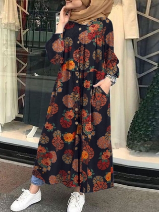Kvinder Retro Blomstertryk O-hals Button Robe Shirt Maxikjole Med Lomme