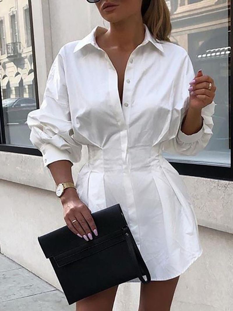 Kvinder Solid Lapel Langærmede Tie Talje Casual Shirt Dress