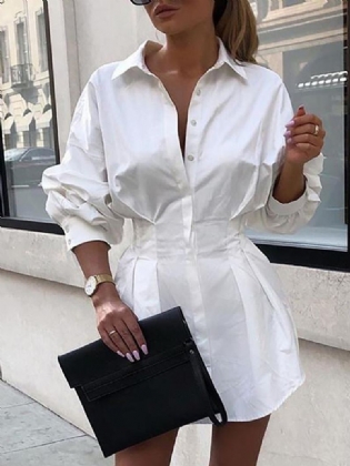 Kvinder Solid Lapel Langærmede Tie Talje Casual Shirt Dress