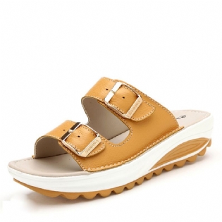 Blødt Læderspænde I Stor Størrelse Peep Toe Hjemmesko Slip On Beach Platform Sandaler