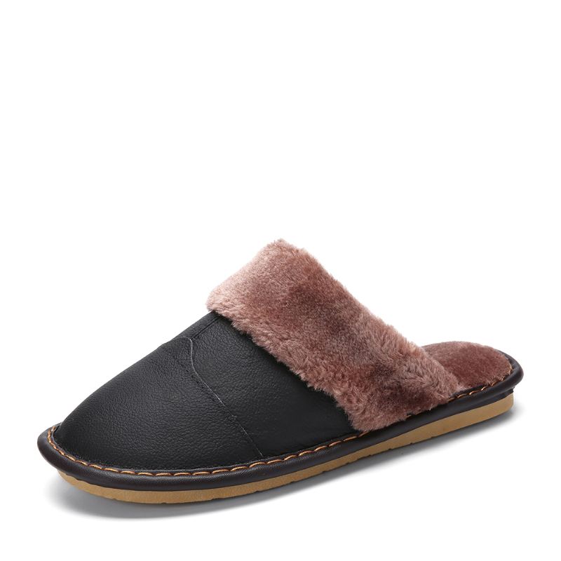 Mænd Første Lag Okselæder Skridsikker Varm Rund Tå-slip-on Bomulds Hjemmesko