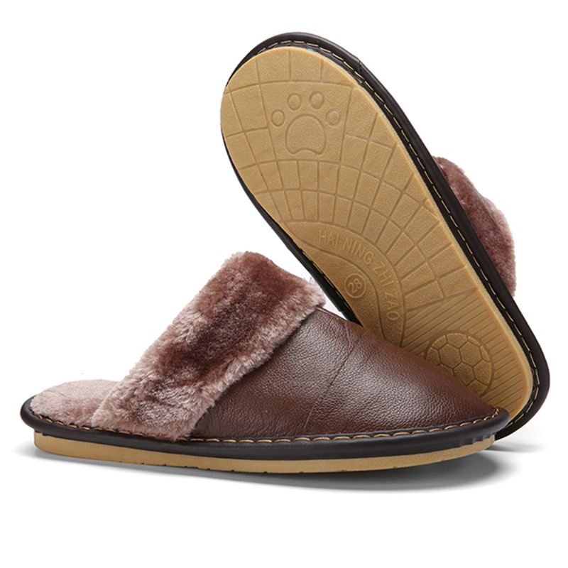 Mænd Første Lag Okselæder Skridsikker Varm Rund Tå-slip-on Bomulds Hjemmesko