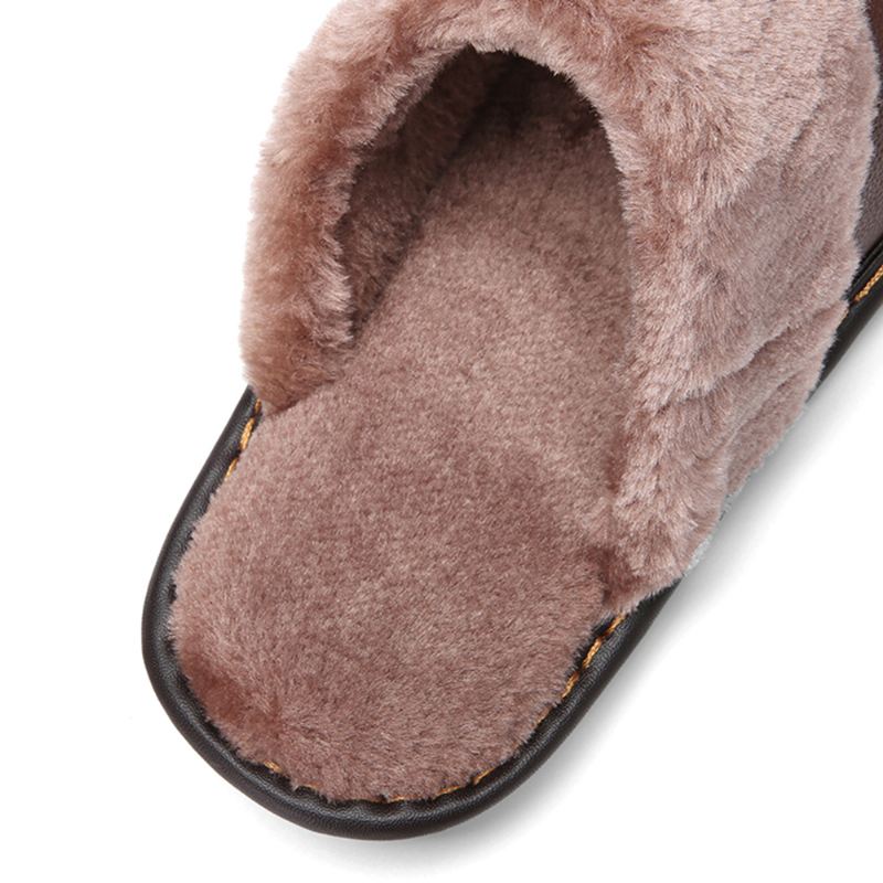 Mænd Første Lag Okselæder Skridsikker Varm Rund Tå-slip-on Bomulds Hjemmesko