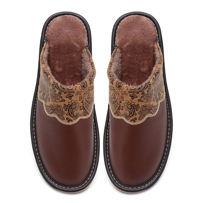 Mænd Vinter Pu Læder Rund Tå Varme Easy Slip-on Hjemmesko I Bomuld