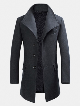 Herre Vinter Single-breasted Woolen Blended Trench Coat Mode Ensfarvet Overfrakke