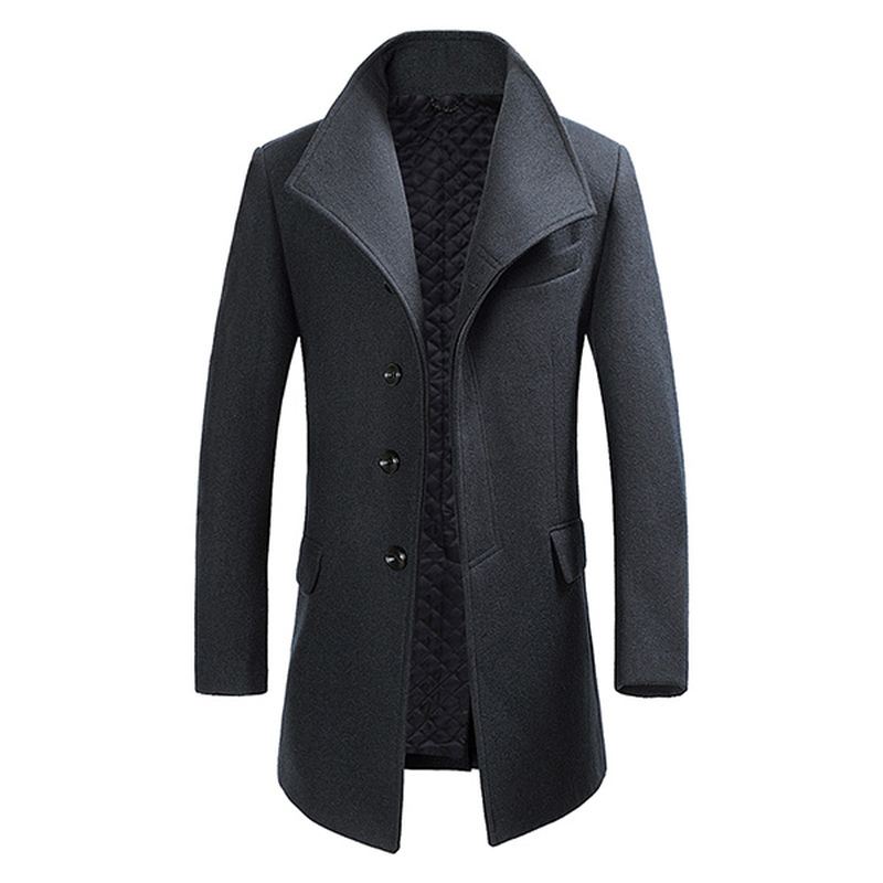 Herre Vinter Single-breasted Woolen Blended Trench Coat Mode Ensfarvet Overfrakke