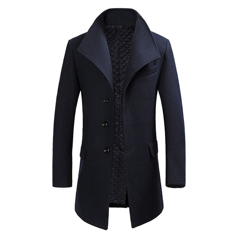 Herre Vinter Single-breasted Woolen Blended Trench Coat Mode Ensfarvet Overfrakke