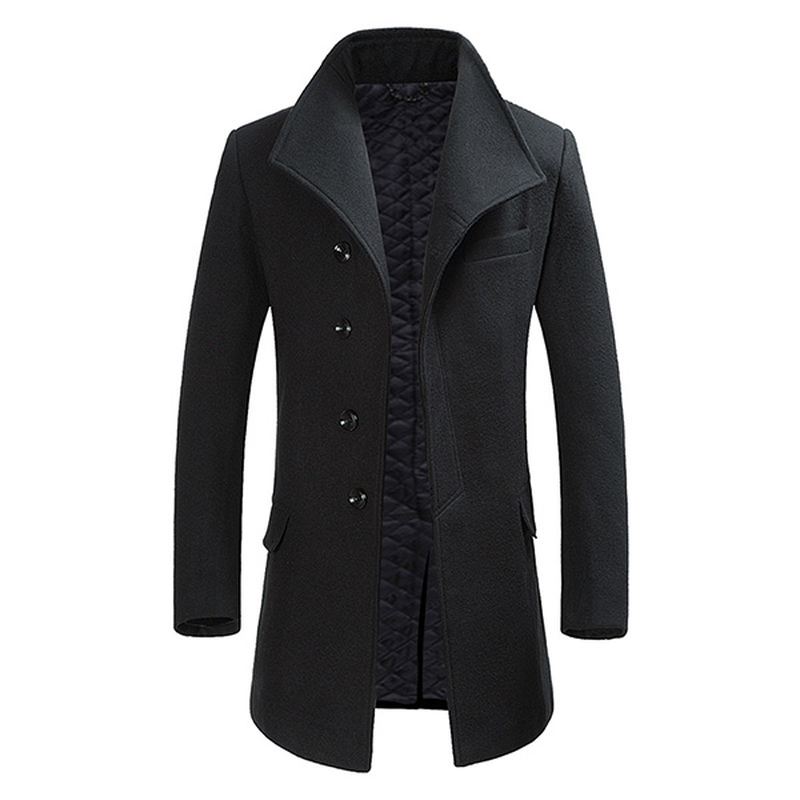 Herre Vinter Single-breasted Woolen Blended Trench Coat Mode Ensfarvet Overfrakke