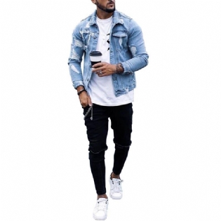 Lapel Mænds Denimjakke Ripped Irregular Washed Jakke
