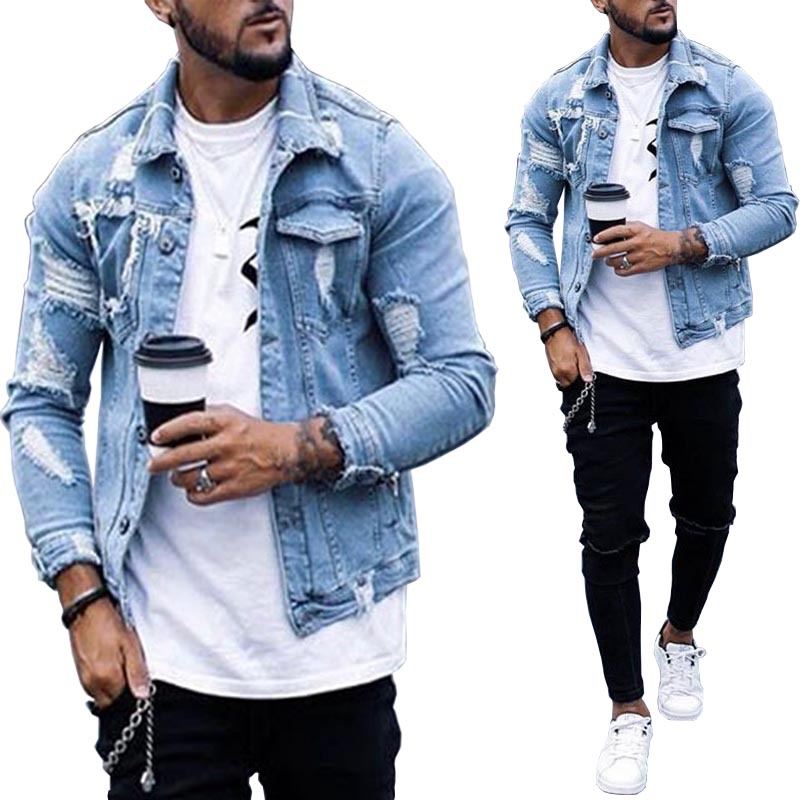 Lapel Mænds Denimjakke Ripped Irregular Washed Jakke