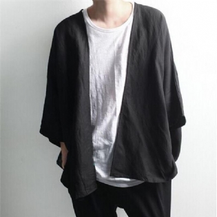 Mørk Herre Cardigan Med Cropped Dukkeærmer I Linned
