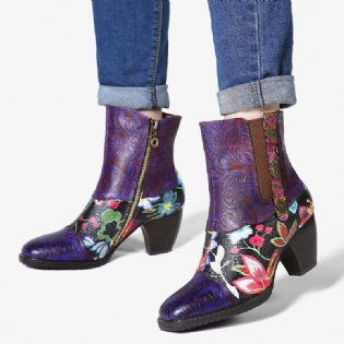 Dame Splejsning Blomstermønster Rund Tå Varm Foret Lynlås Mid-calf Chelsea Støvler