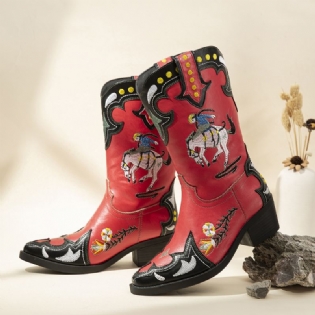 Folkways Broderet Splejsning Bærbare Chunky Heel Mid-calf Cowboystøvler