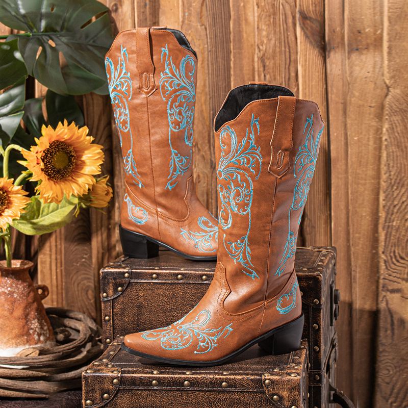 Kvinder Blomster Retro Broderi Læder V-snit Spids Tå Chunky Hæl Mid-calf Ridder Støvler
