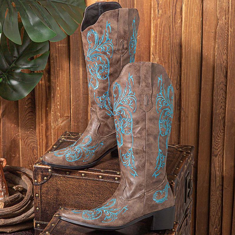 Kvinder Blomster Retro Broderi Læder V-snit Spids Tå Chunky Hæl Mid-calf Ridder Støvler