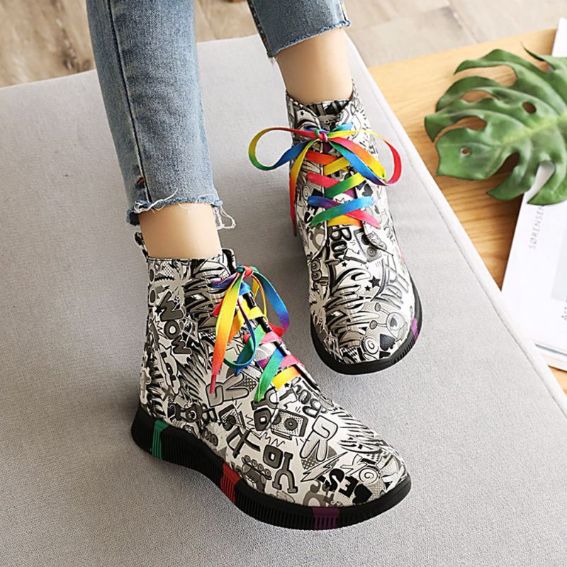 Kvinder Casual Letter Graffiti Med Tryk Multicolor Snøre Kort Combat Boots