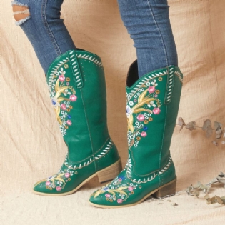 Kvinder Læder Retro Blomstertryk Bærbar Slip-on Chunky Hæl Cowboystøvler Mellem Læg