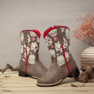 Kvinder Retro Blomster Printing Pointed Toe Lynlås Mid-calf Cowboy Boots