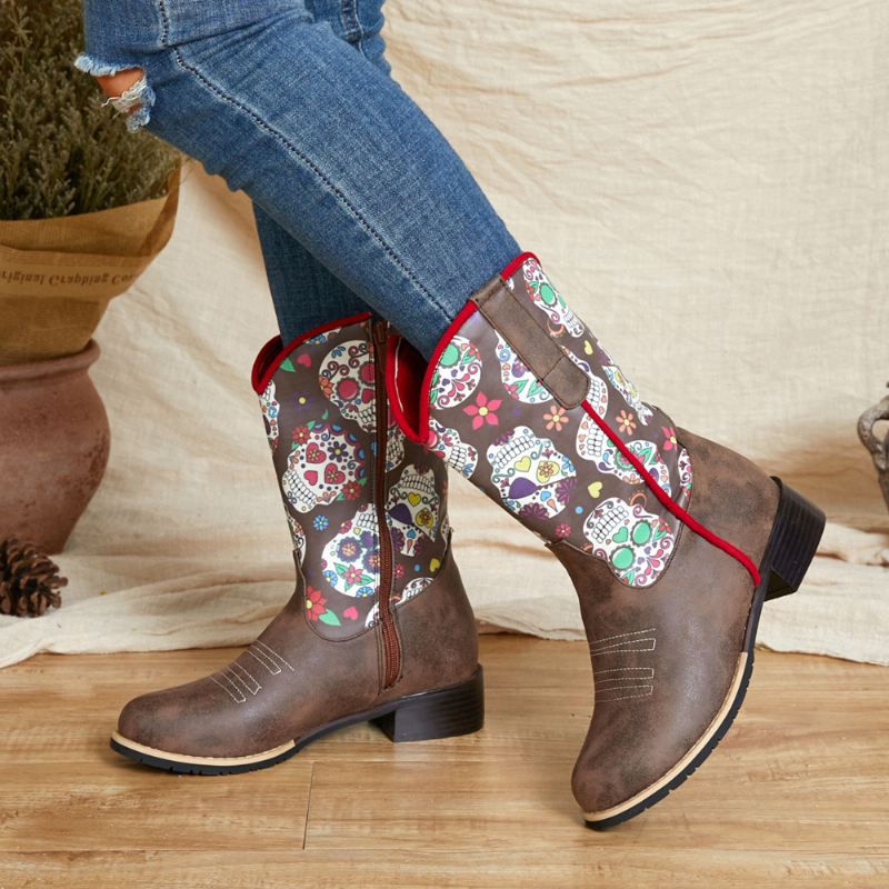 Kvinder Retro Blomster Printing Pointed Toe Lynlås Mid-calf Cowboy Boots