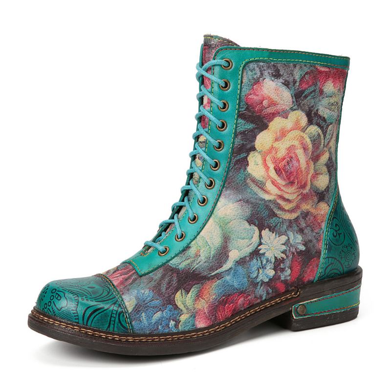 Kvinder Retro Blomstertryk Ægte Læder Prægning Snøre Stitching Ankelstøvler