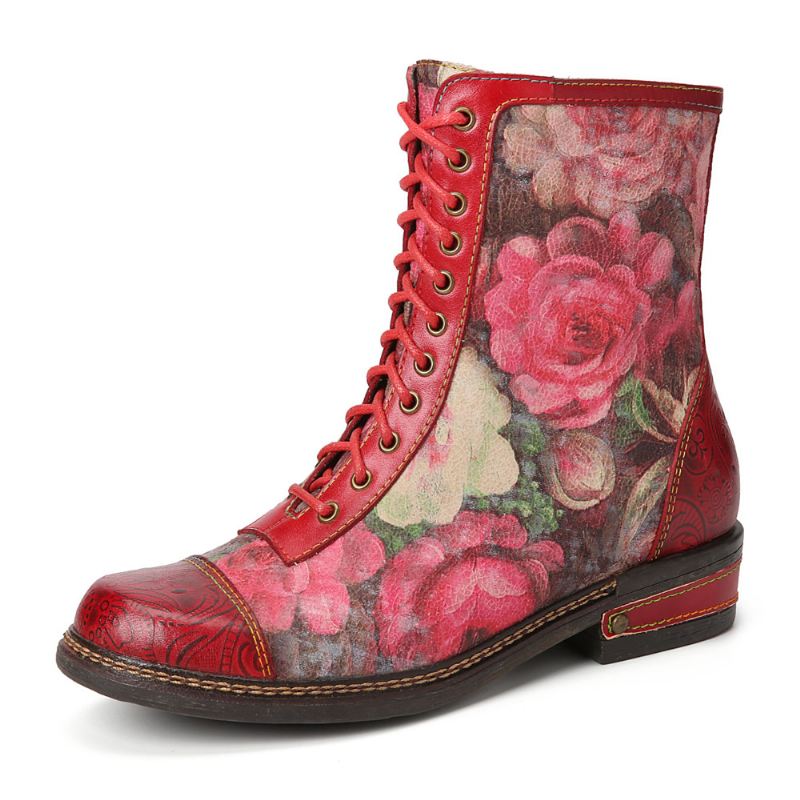 Kvinder Retro Blomstertryk Ægte Læder Prægning Snøre Stitching Ankelstøvler