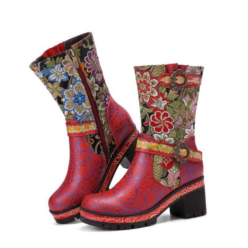 Kvinder Retro Blomstertryk Læder Bløde Chunky Hæle Mid-calf Støvler