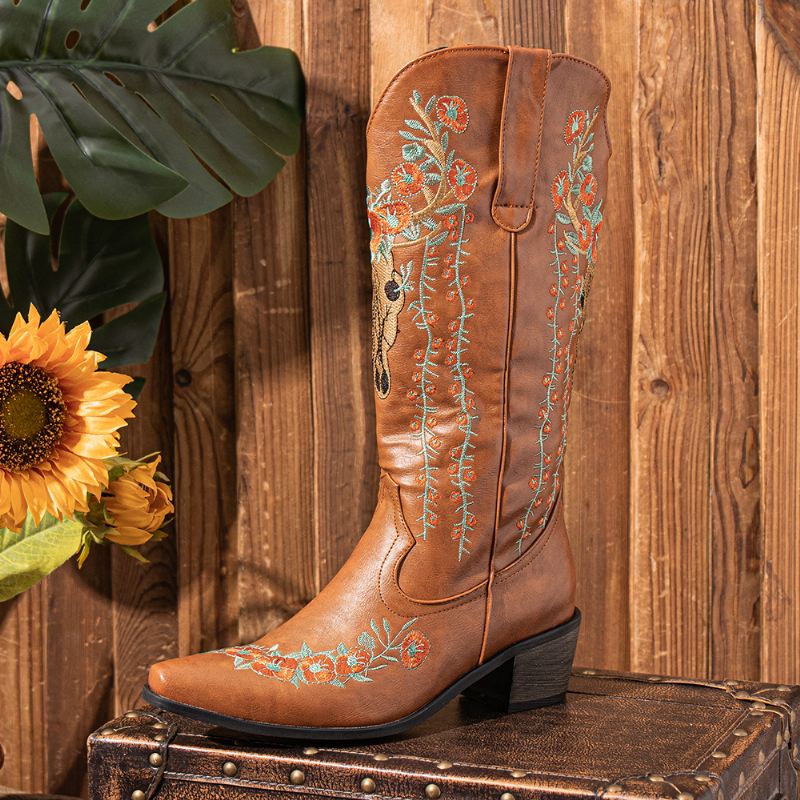Kvinder Retro-blomstret Dyrebroderi Læder Med Spids-tå V-udskæring Chunky Hæl Mid-calf Ridder Støvler