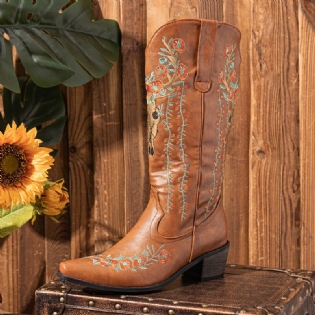Kvinder Retro-blomstret Dyrebroderi Læder Med Spids-tå V-udskæring Chunky Hæl Mid-calf Ridder Støvler