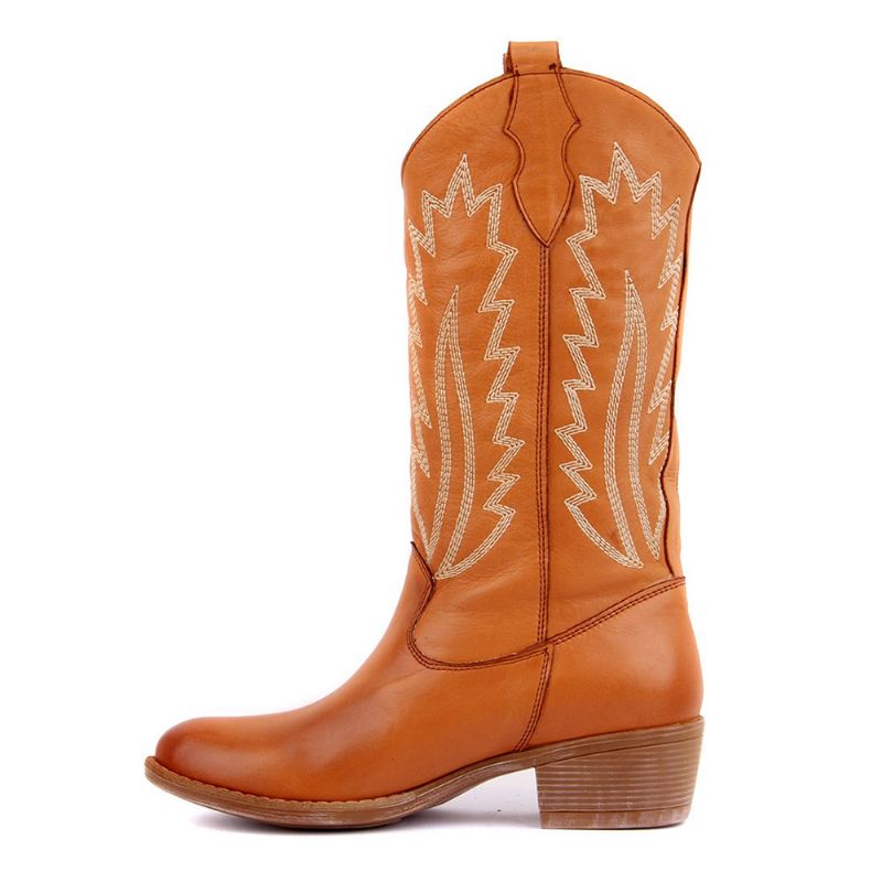Kvinder Retro Broderi Læder England Style V-cut Slip On Casual Martin Knight Boots