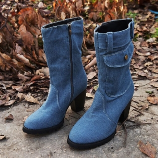 Kvinder Retro Denim Cloth Side Zip Bag Decor Chunky Heel Mid Calf Boots