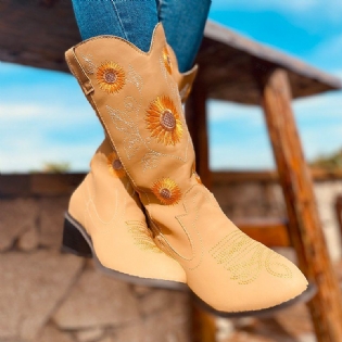 Kvinders Store Størrelse Broderede Chunky Hæl Spidstå Cowboystøvler Mellem Læg