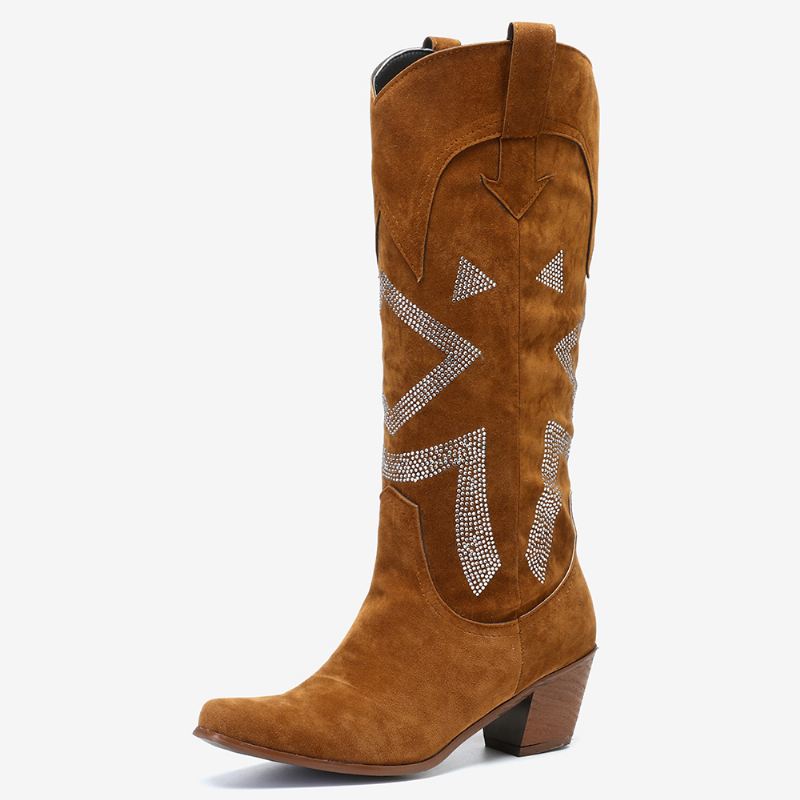 Plus Size Dame Ruskind Rhinestone Chunky Heel Knæ Cowboystøvler