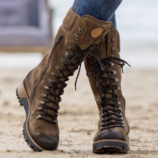 Plus Size Kvinder Bærbare Ruskind Side Lynlås Mid Calf Combat Boots