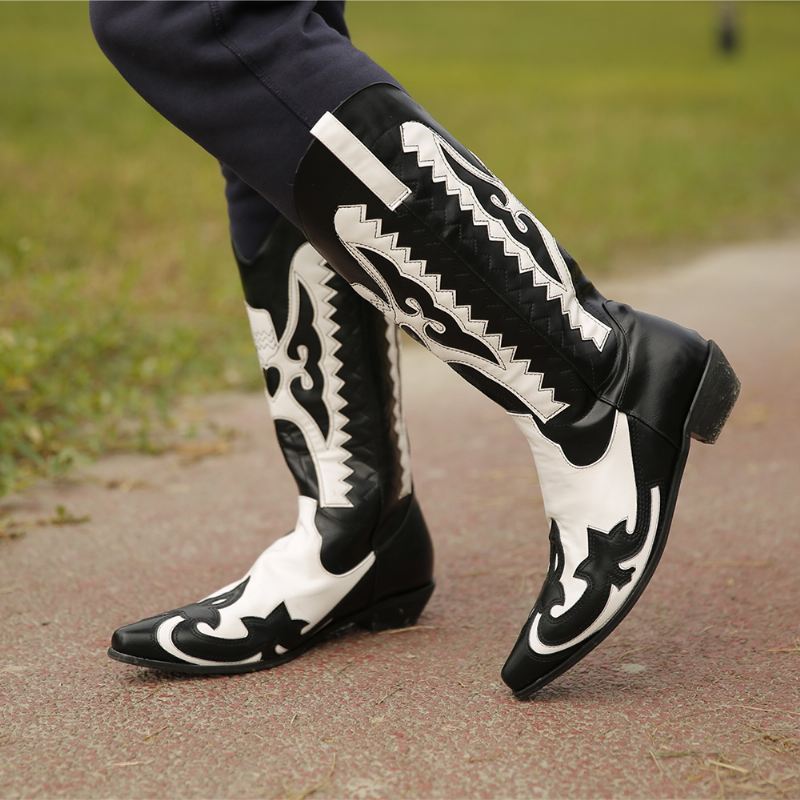 Plus Size Kvinder Spidstå Mønster Slip On Chunky Hæl Cowboystøvler