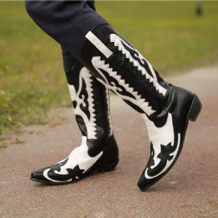 Plus Size Kvinder Spidstå Mønster Slip On Chunky Hæl Cowboystøvler