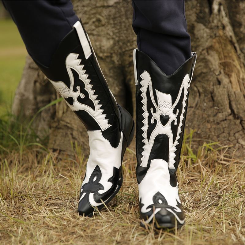 Plus Size Kvinder Spidstå Mønster Slip On Chunky Hæl Cowboystøvler