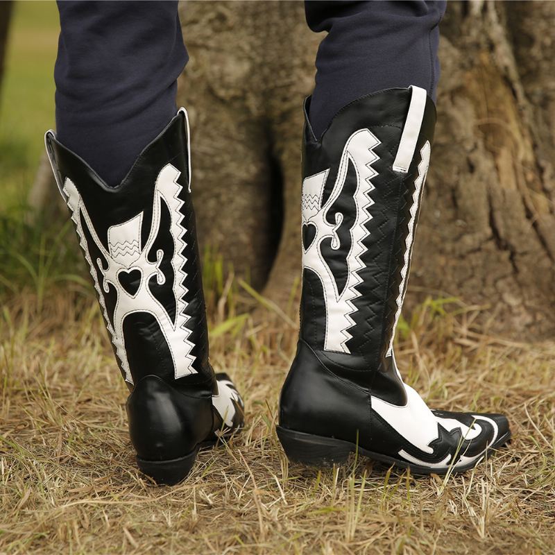 Plus Size Kvinder Spidstå Mønster Slip On Chunky Hæl Cowboystøvler