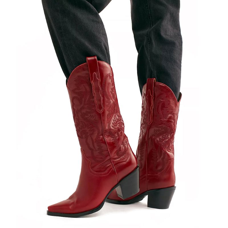 Plus Size Retro Dame Floral Chunky Heel Mid-calf Cowboy Boots